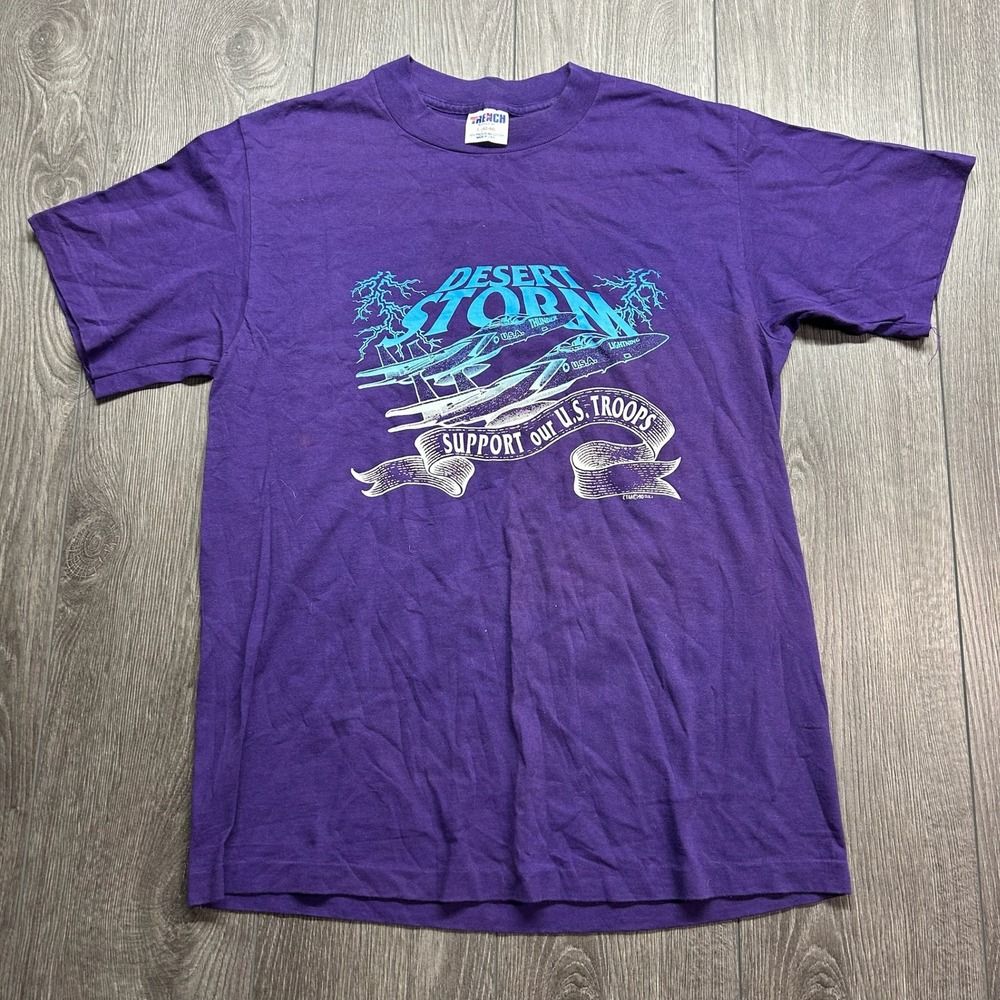 Vintage 1990 Desert Storm Support Our Troops T-Shirt Purple Trench USA Mens L